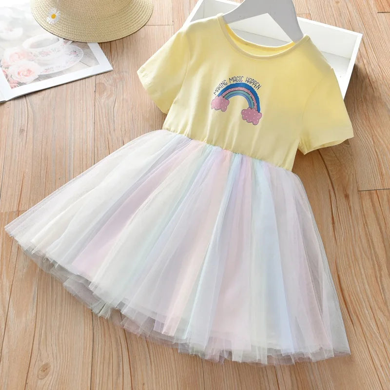 2024 New Girls Clothes Summer Princess Dresses Short Sleeve Cotton Kids Dress Unicorn Party Girls Dresses Children Clothing 3-8Y