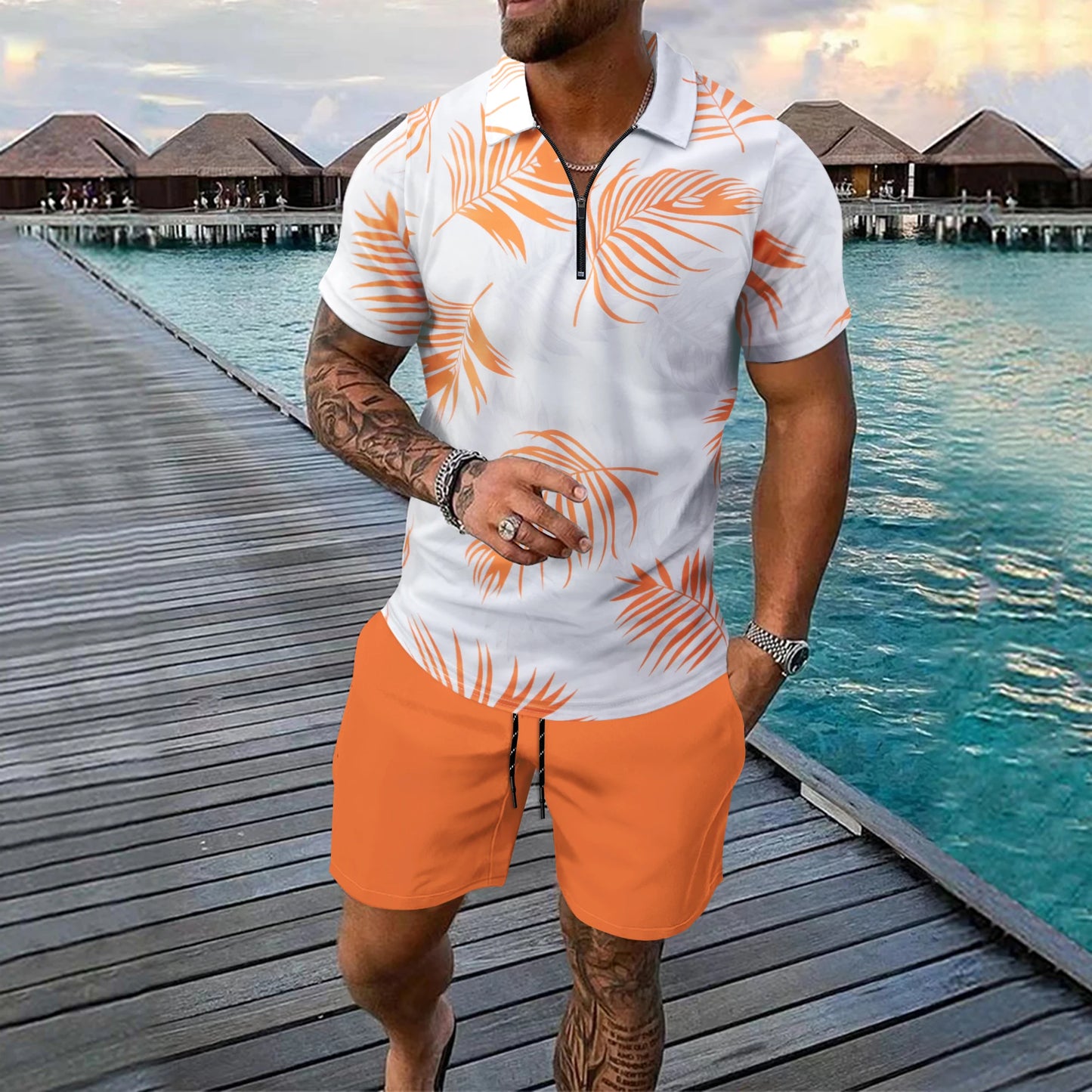 Fashion Zip Polo Shirts Men's Set Hawaiian Beach Vacation Short Sleeve Polo Shirt Shorts 2 Piece Outfit Street Casual Loose Suit