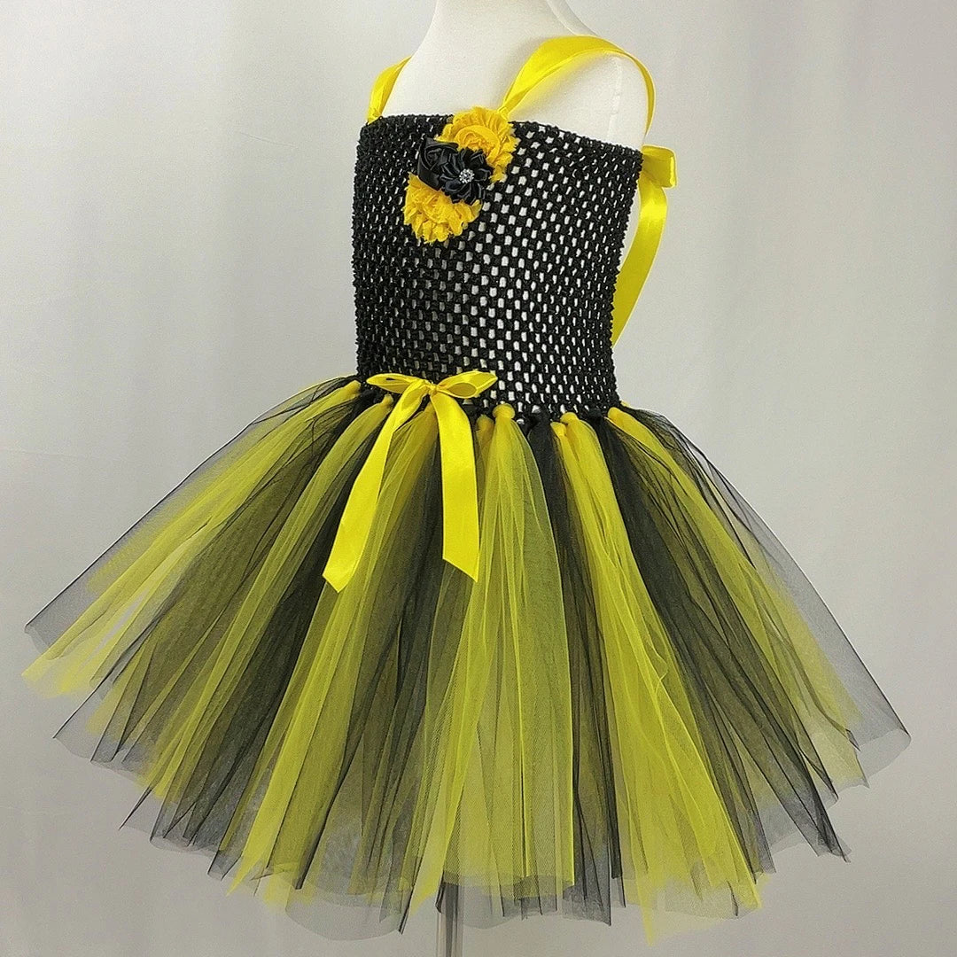 Bumble Bee Tutu Dress for Baby Girls Birthday Outfit Halloween Costume for Kids Honeybee Cosplay Dresses with Wing Headband Set