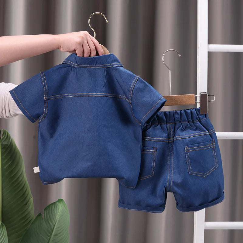 Summer new shirt 2024 boys lapel short-sleeved suit kidsren's clothing kidsren's workwear casual pants shirt two-piece set