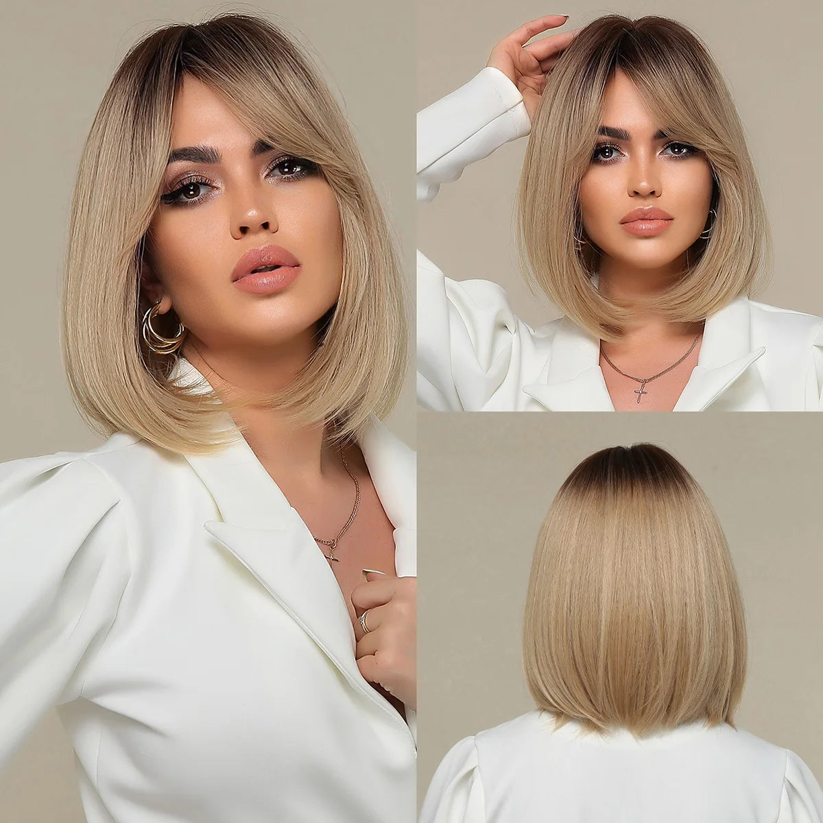 Short Straight Bob Wigs with Bangs Black Brwon Highlight Wig Daily Cosplay Natural Synthetic Hair Wigs for Women Heat Resistant