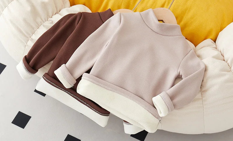 Children's Padded Thickened Sweater Girls Warm Solid Color Bottoming Shirt Autumn Winter New Boys Fashion Casual Tops 2-12 Years