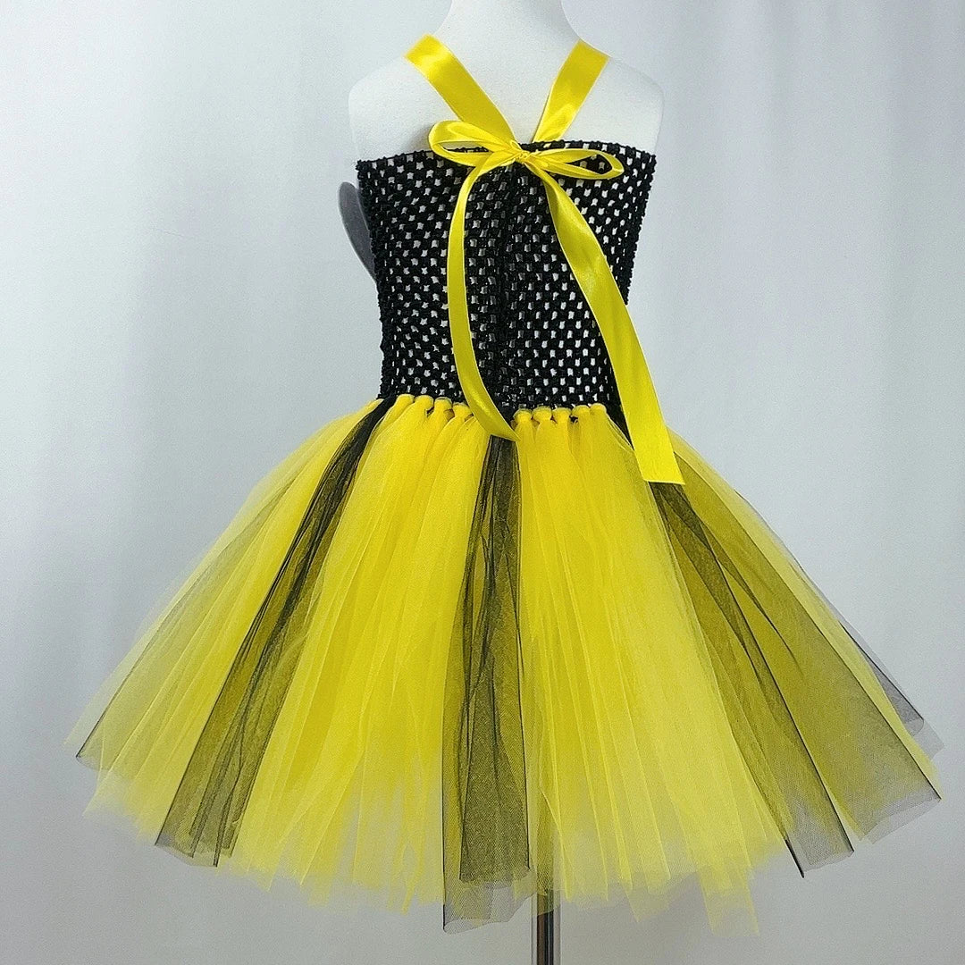 Bumble Bee Tutu Dress for Baby Girls Birthday Outfit Halloween Costume for Kids Honeybee Cosplay Dresses with Wing Headband Set