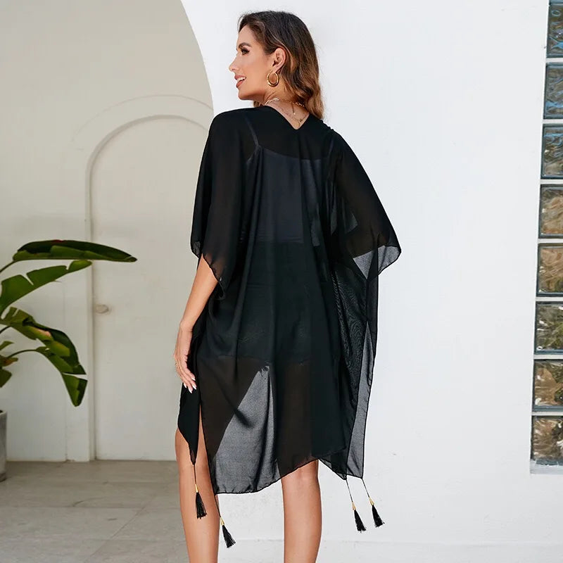 Simple Pure Color Chiffon Beach Bikini Cover Ups Swimwear Women Summer Sun Protection Cardigan Leisure Travel Cape Long