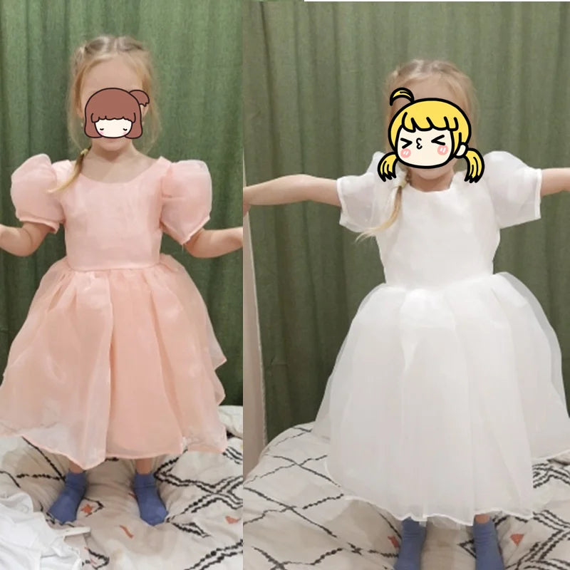 Girls White Cake Layers Dresses Kids Pull Sleeve Elegant Party Wedding Birthday Tutu Princess Vestidos Children Summer Clothes