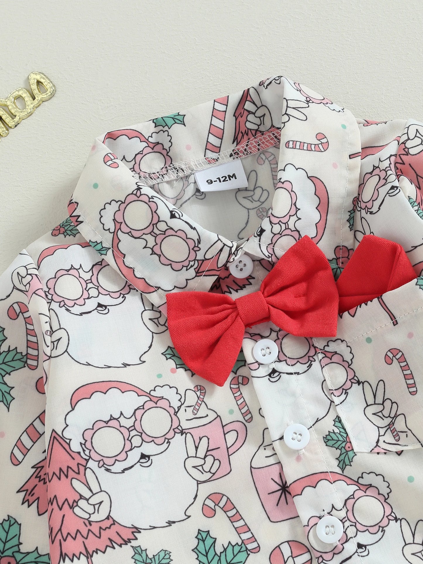 0-24M Baby Boys Formal Suit for Christmas Infant Long Sleeve Santa Print Shirts with Bow-tie + Suspender Pants Gentleman Set