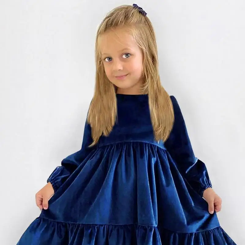 New 7-12 years Girls Spring Autumn Winter Velvet Long Sleeve Ruffle Hem Dress Princess Kids Party Dressess Children Clothing