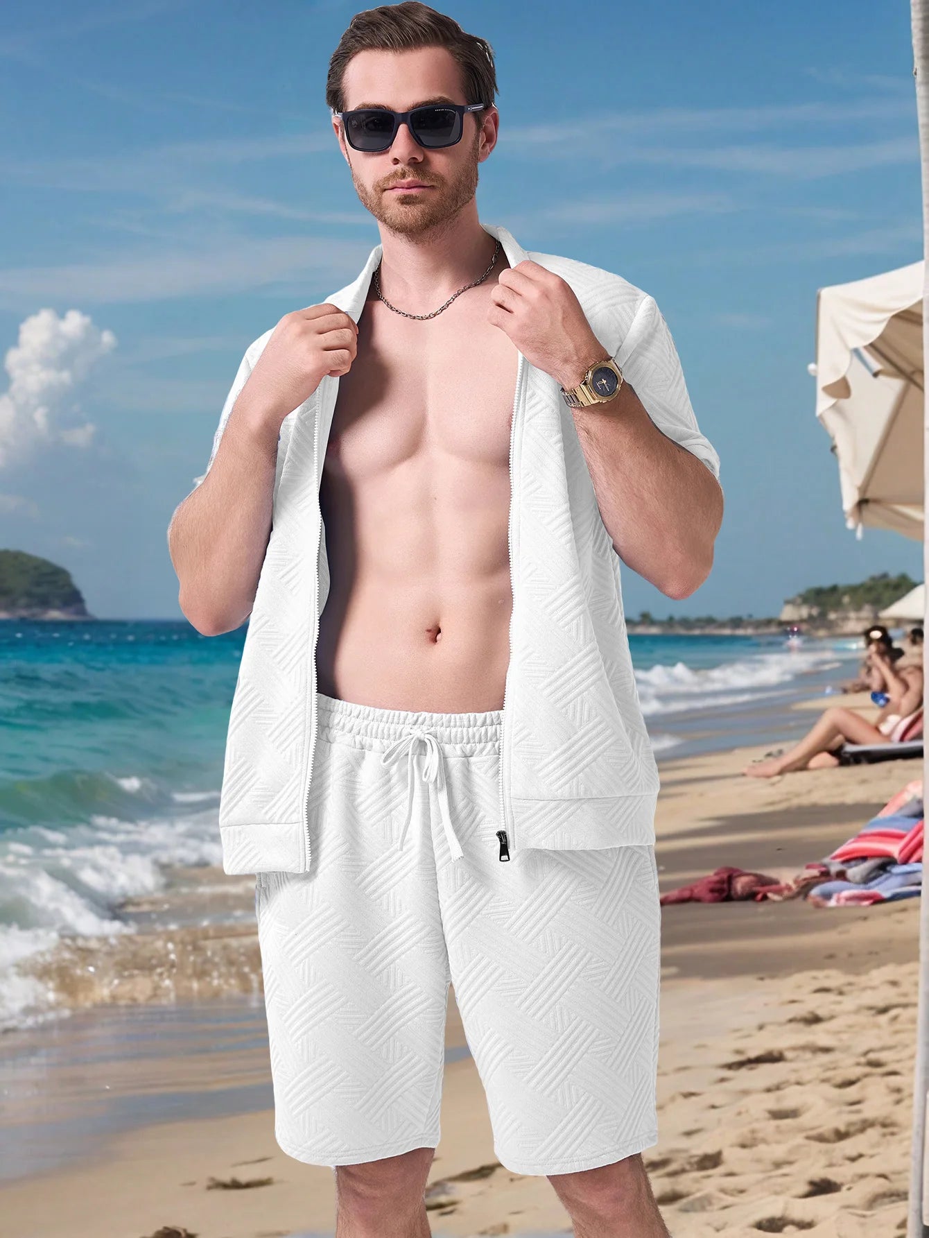 2025 summer new style men Hawaii fashion beauty suit simple casual jacquard short sleeve solid color zipper cardigan shorts two