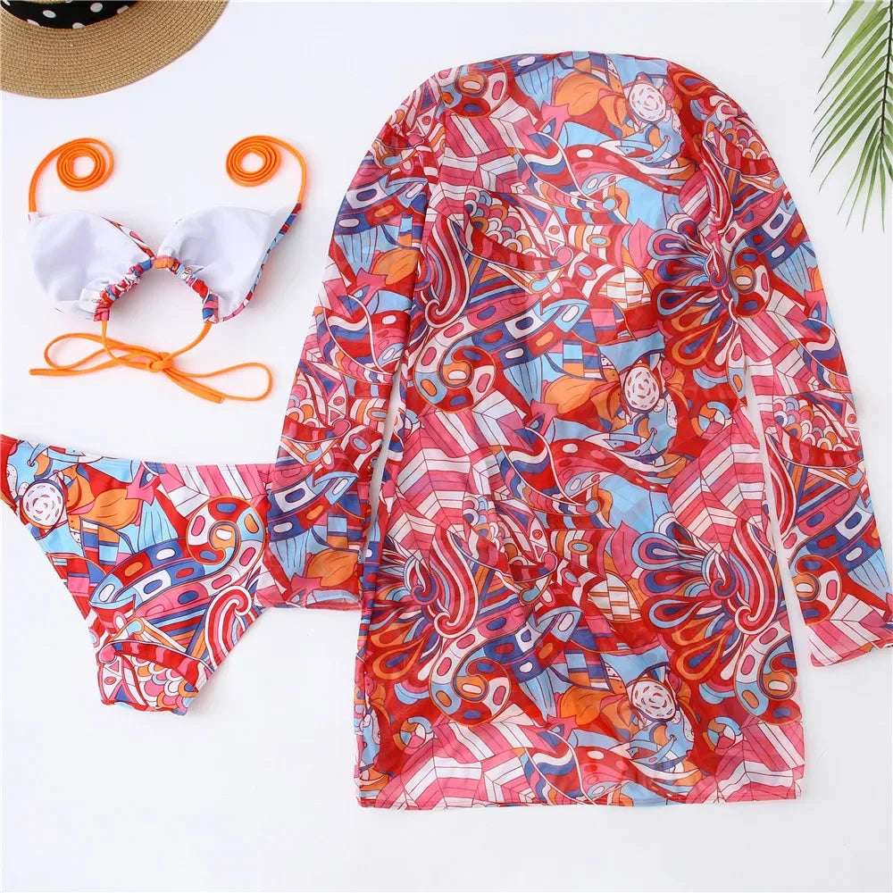 3 Pack Bikini Swimsuit With Shirt Cover Up Sets Women Halter Three Pieces Printed Lace Up Triangle Ruched Mesh Swimwear
