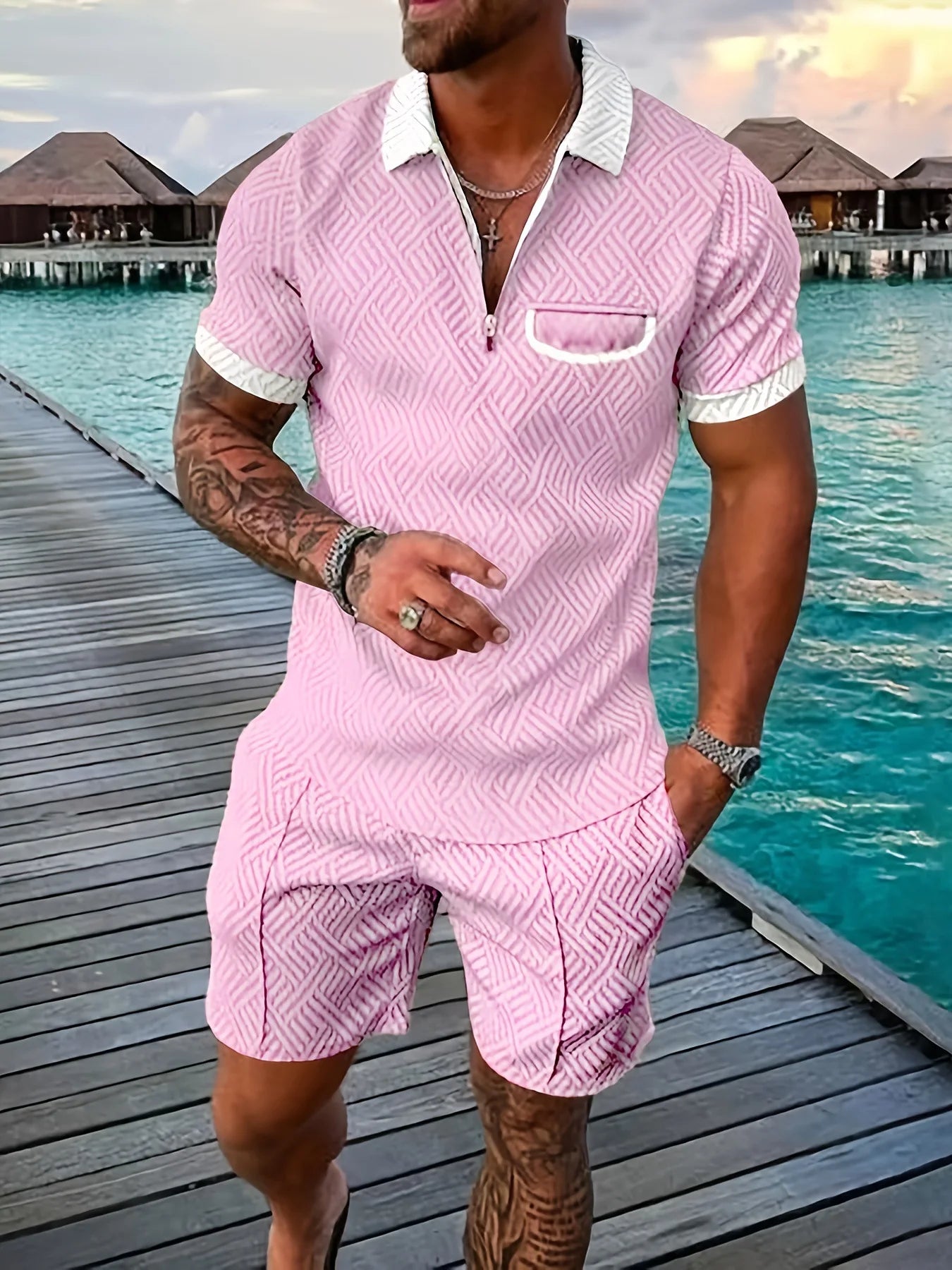 2025 new summer Hawaiian Beach men's fashion lapel casual suit 3D digital print pullover zip-up short-sleeved men's shorts