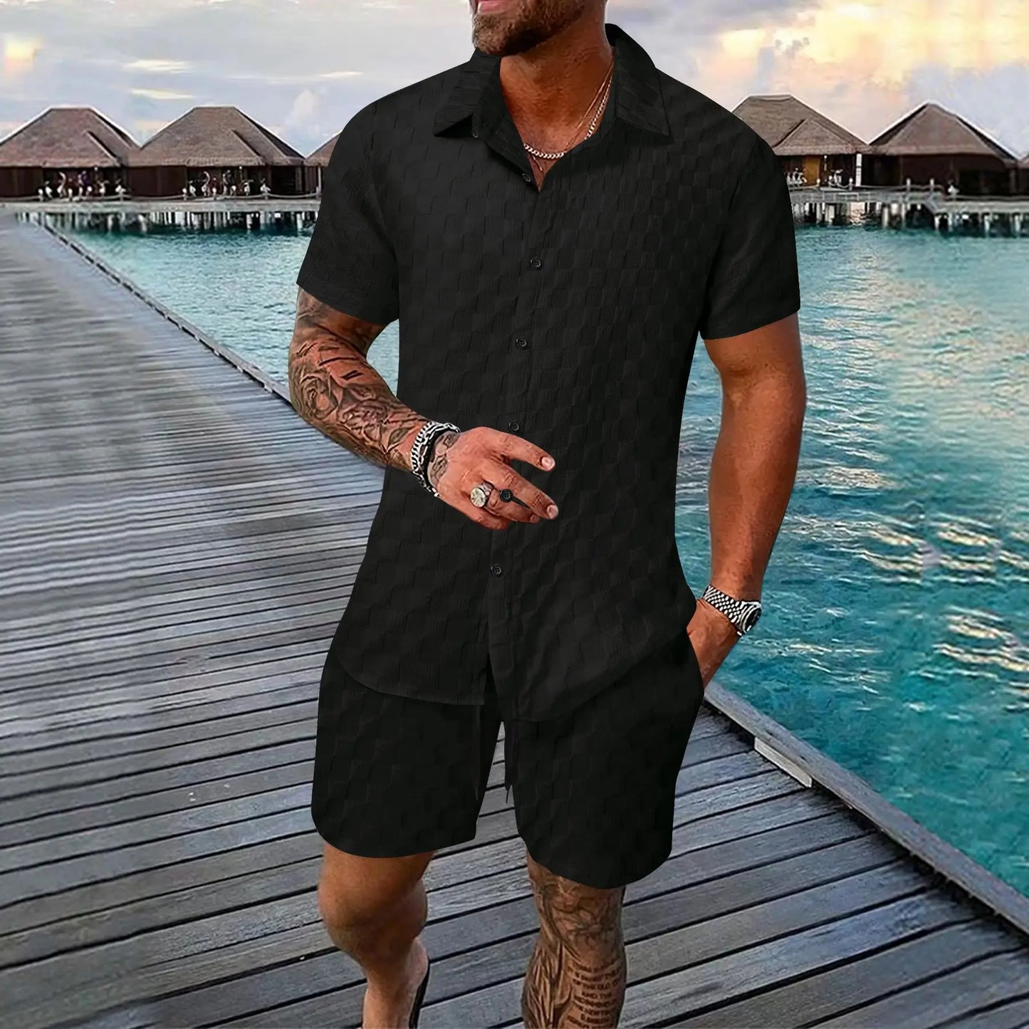 2025 Europe and America new summer men's loose fashion solid color casual mix short sleeve T-shirt shorts suit