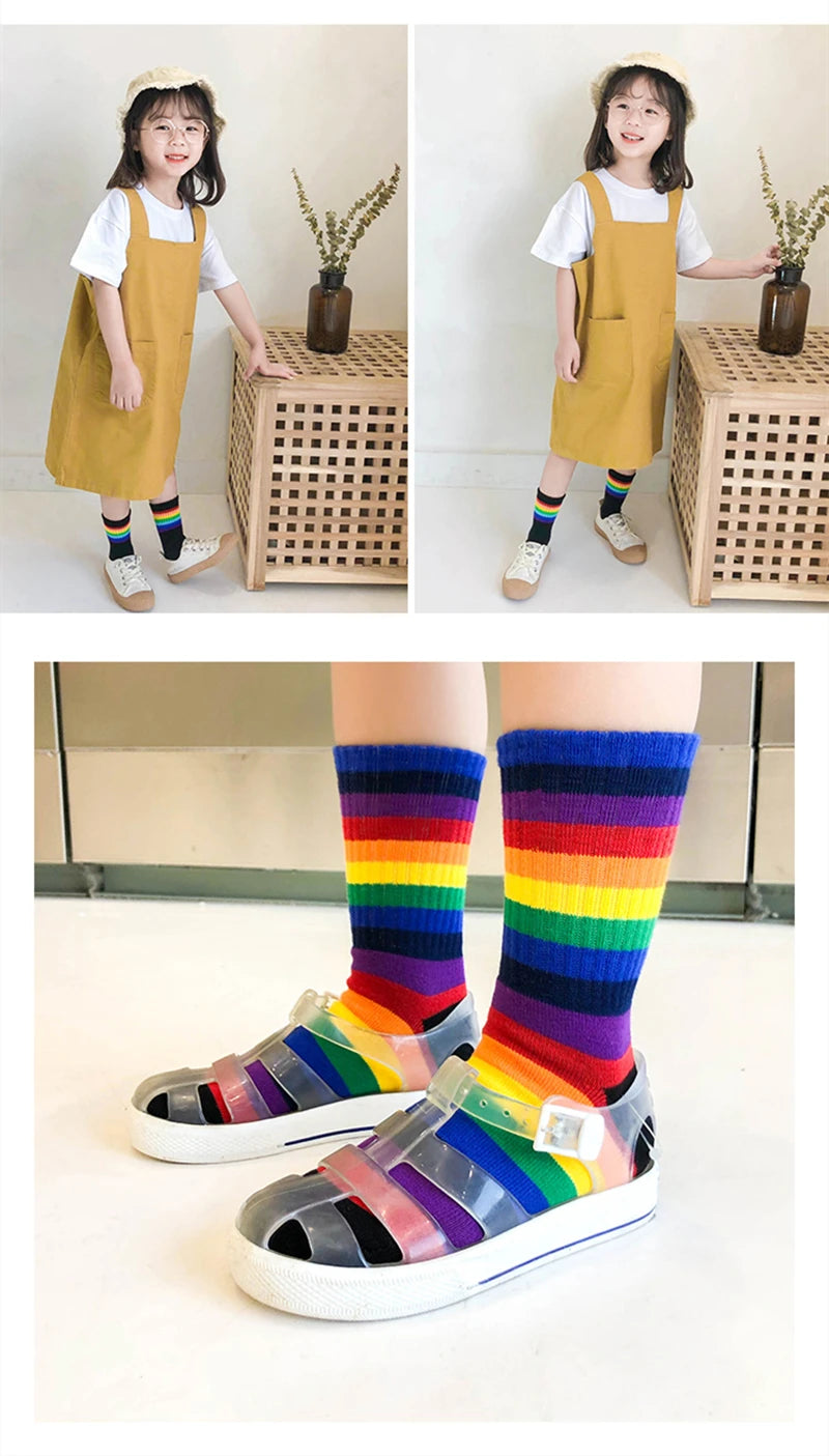 Fashion Rainbow Socks for Kids Spring Summer Colourful Stripe Breathable Cotton Girls Boys Tube Socks School Long Socks 1-8 Year