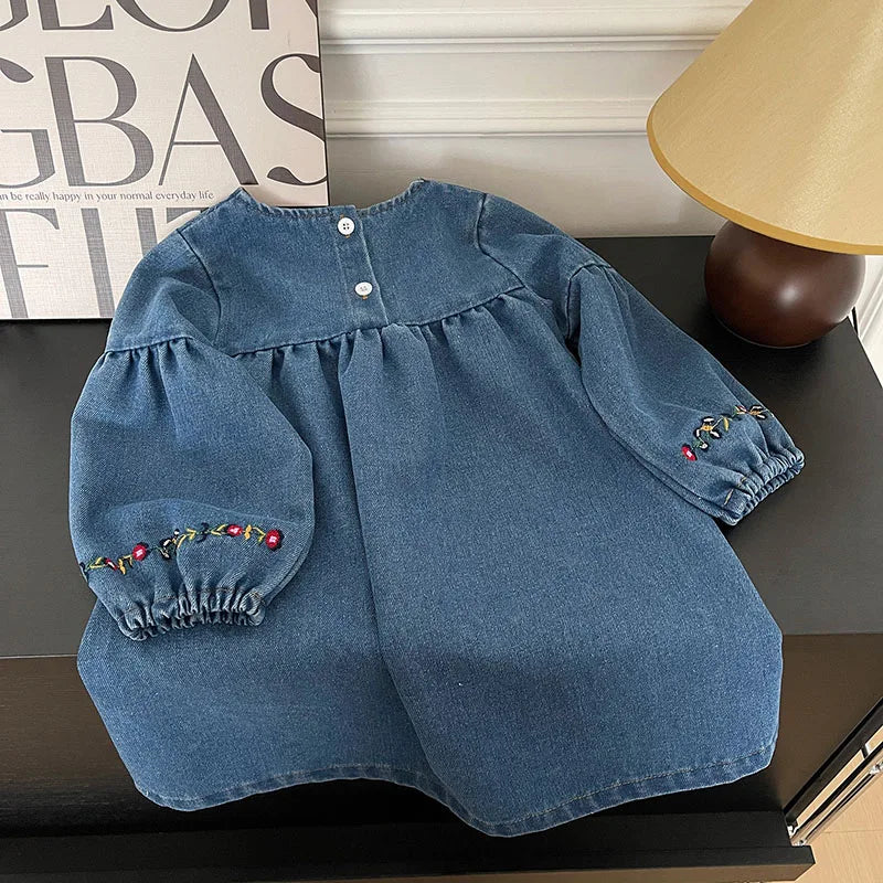 MILANCEL Girls Denim Dresses 2024 Autumn New Embroidery Floral Long Sleeve Dress Children's Daily Casual Clothes