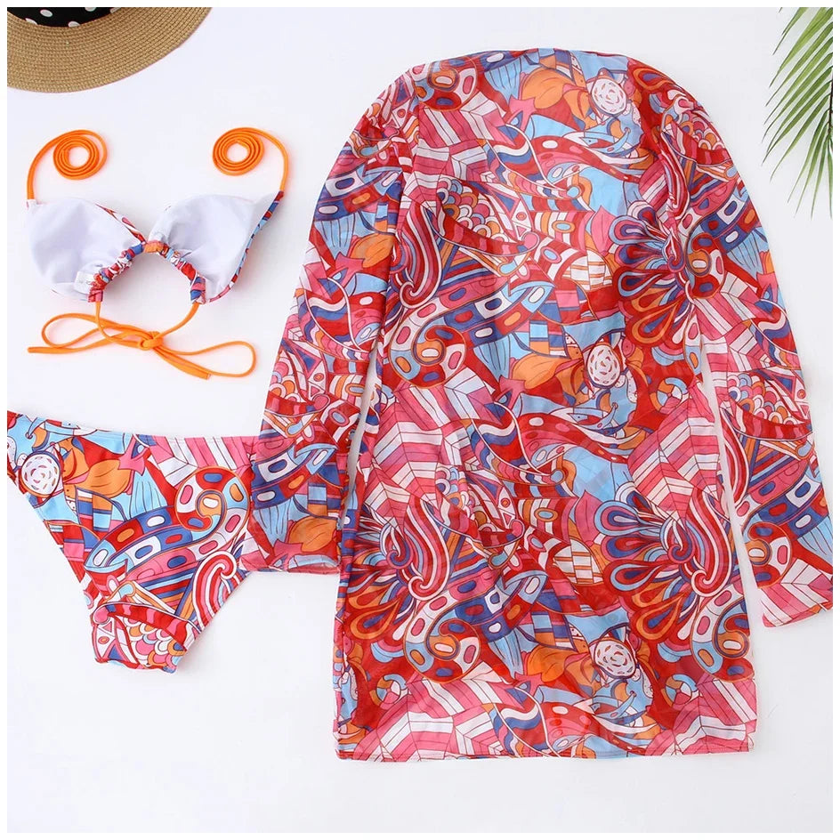 3 Pack Bikini Swimsuit With Shirt Cover Up Sets Women Halter Three Pieces Printed Lace Up Triangle Ruched Mesh Swimwear