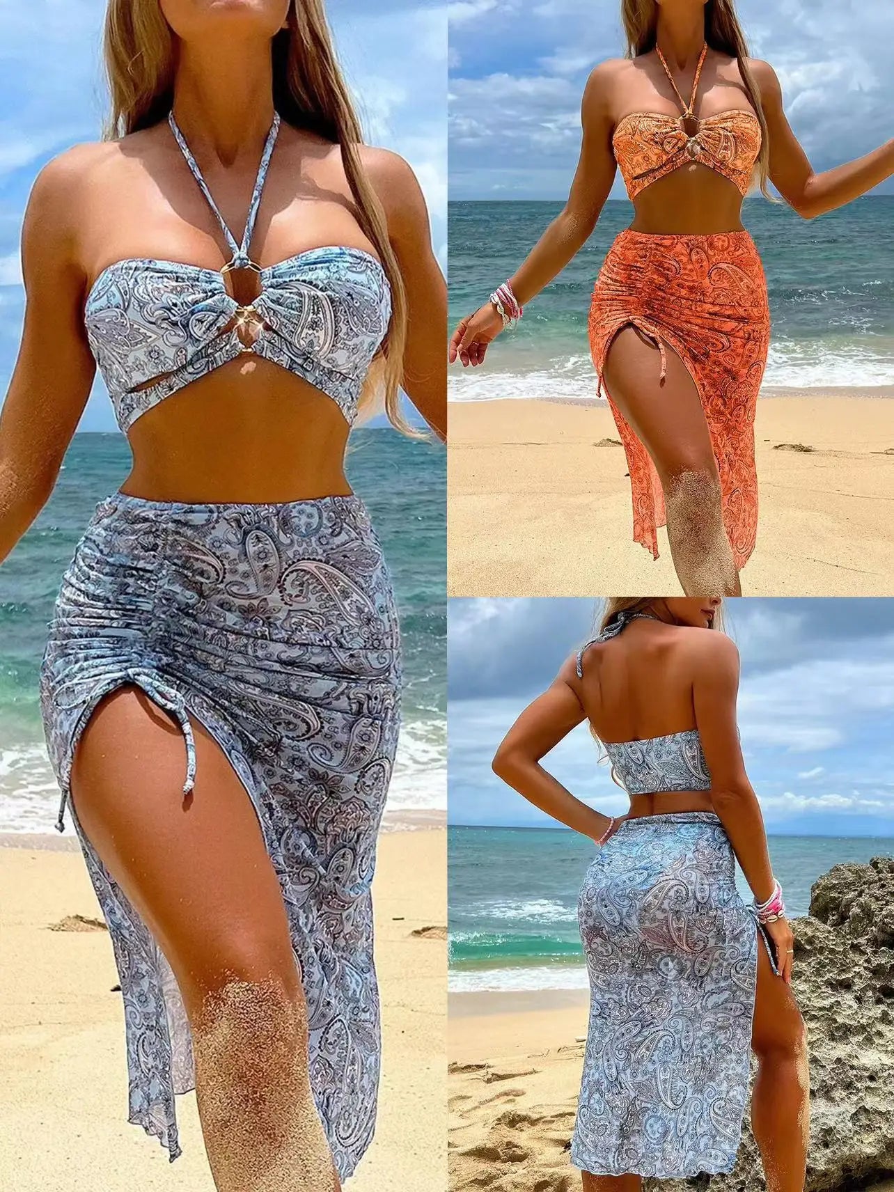 Women's Paisley Bikini Set With Skirt 2025 Sexy Bohemian Beach Dress Beachwear Two-Piece Swimsuit Cover-Up Summer Seaside Outfit
