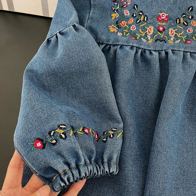 MILANCEL Girls Denim Dresses 2024 Autumn New Embroidery Floral Long Sleeve Dress Children's Daily Casual Clothes