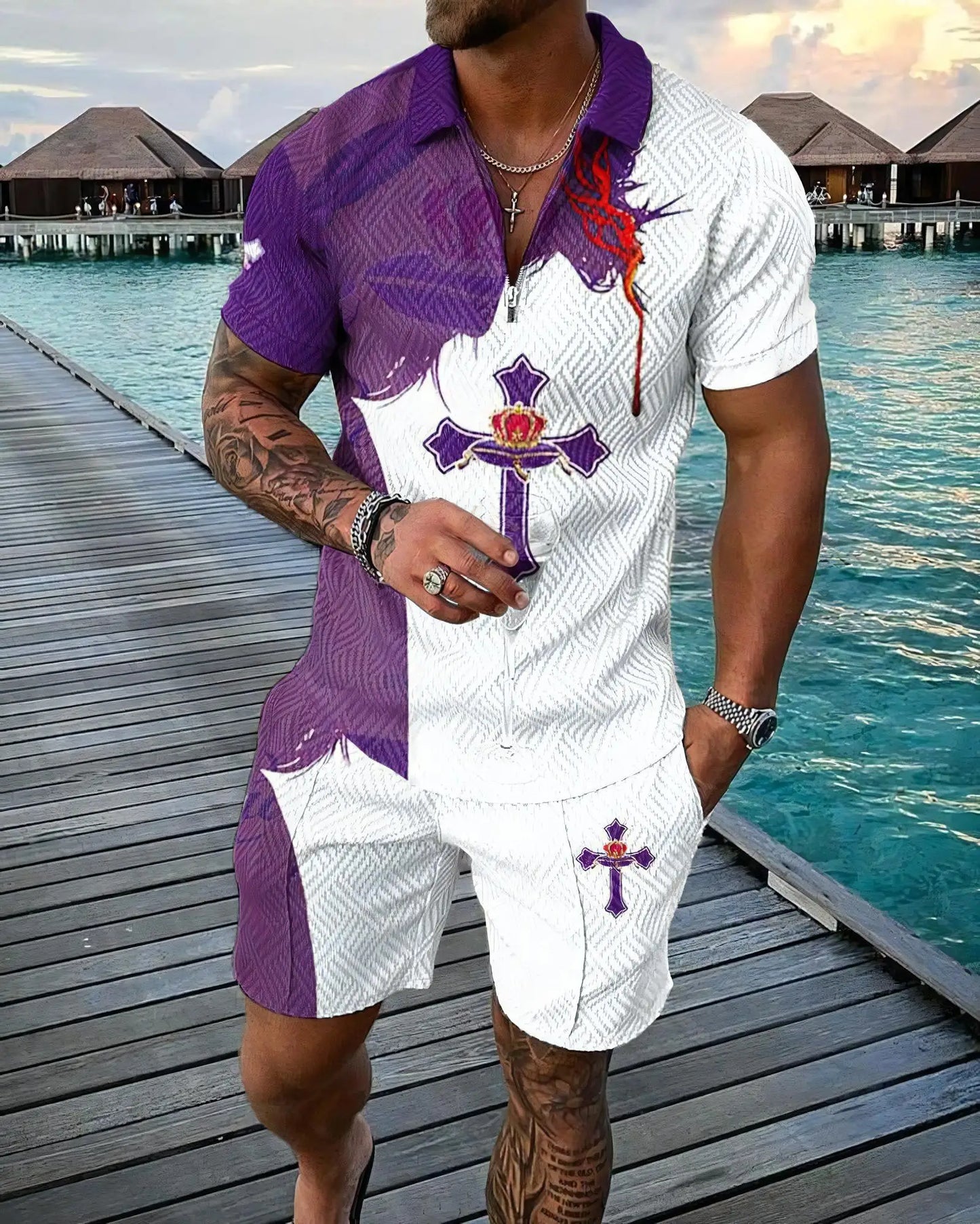 Funny 3D Polka Dot Print Men's Short Sleeve Sets Fashion Zip Polo Shirt Shorts 2 Piece Outfit Summer Street Clothing Casual Suit