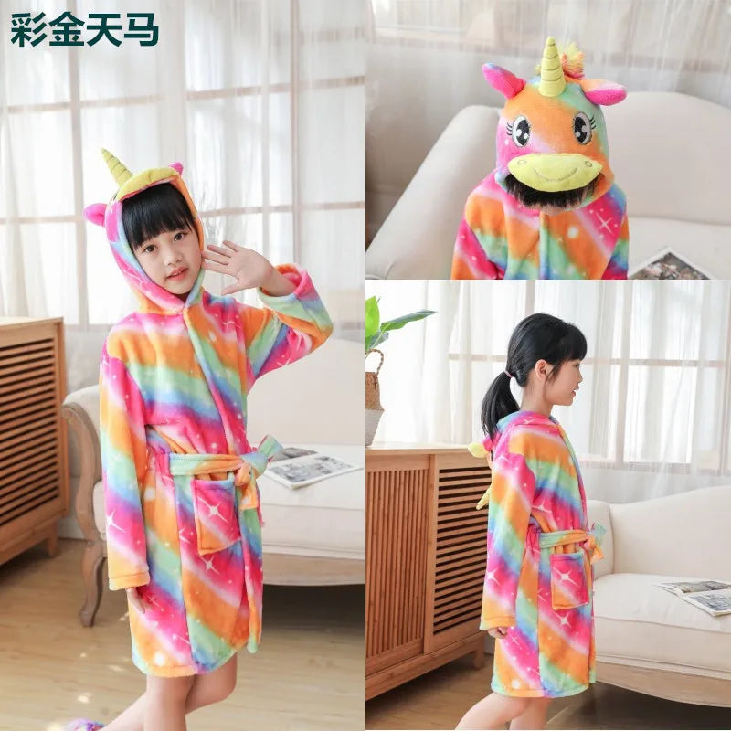 Boys Girls Hooded Bathrobe Toddler Unicorn Anime Cartoon Towel Beach Children's Sleepwear Baby Kids Bath Robes Pyjamas Nightgown