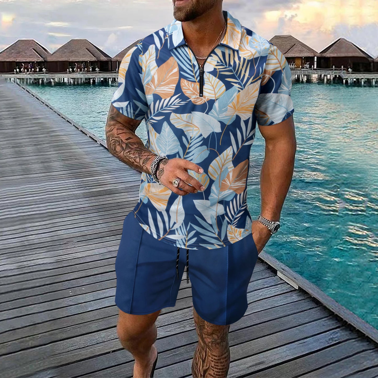 Fashion Zip Polo Shirts Men's Set Hawaiian Beach Vacation Short Sleeve Polo Shirt Shorts 2 Piece Outfit Street Casual Loose Suit
