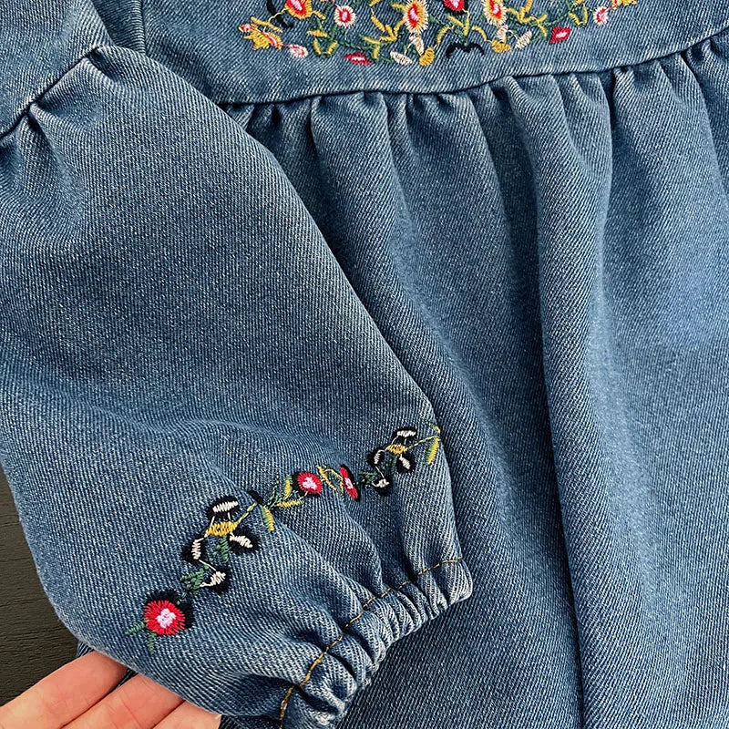 MILANCEL Girls Denim Dresses 2024 Autumn New Embroidery Floral Long Sleeve Dress Children's Daily Casual Clothes