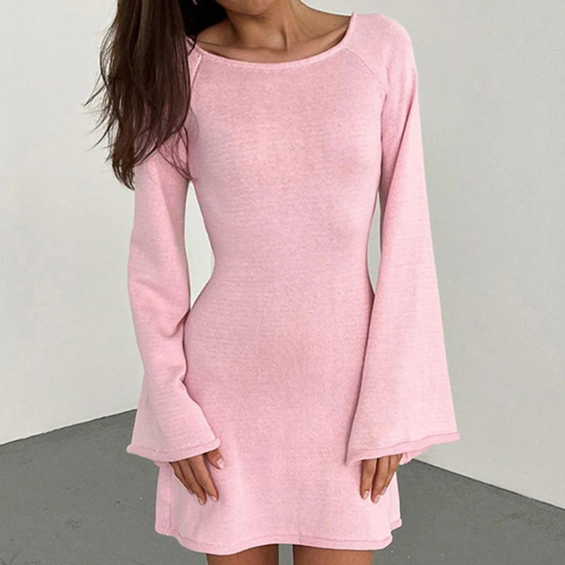 New sexy Backless Round Collar Cover-Ups Solid Color Knit Beachwear Stylish Horn Sleeve Beach suit Female Holiday wrap Dress