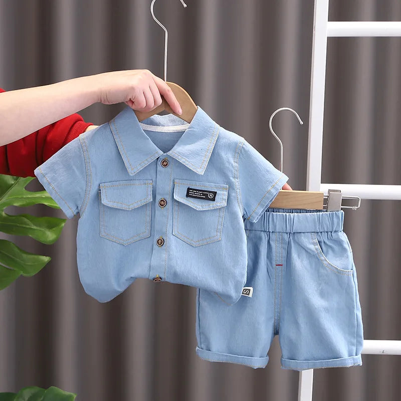 Summer new shirt 2024 boys lapel short-sleeved suit kidsren's clothing kidsren's workwear casual pants shirt two-piece set