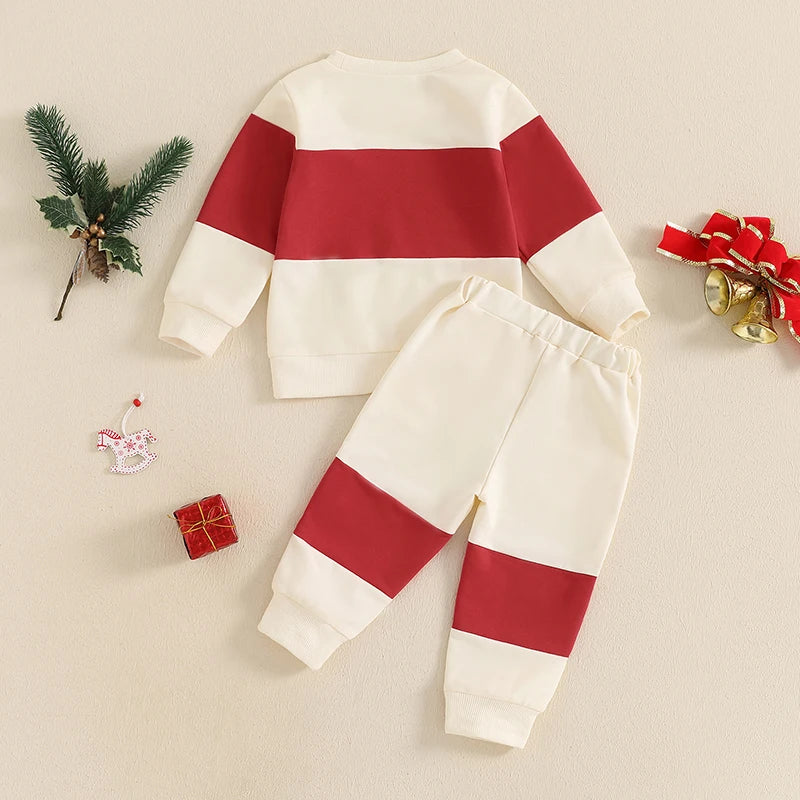 1-4Years Kids Baby Boy Girl Christmas Outfits Letter Embroidery Contrast Color Long Sleeve Sweatshirt+Elastic Pants 2 Piece Set