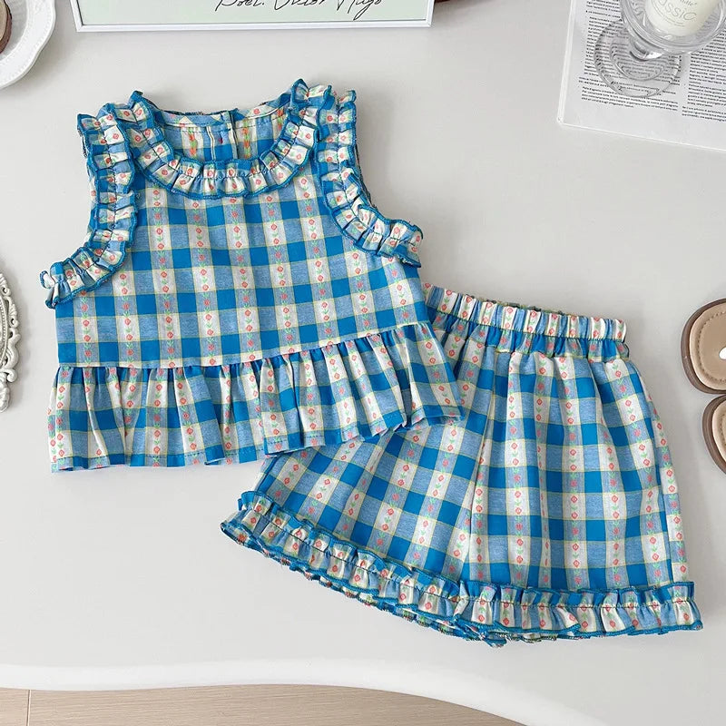 Children's Clothing Sets Blue Plaid Floral Print Sleeveless Top + Wide Leg Pants + Shorts 3 Pcs Sets Kids Clothes for Girls