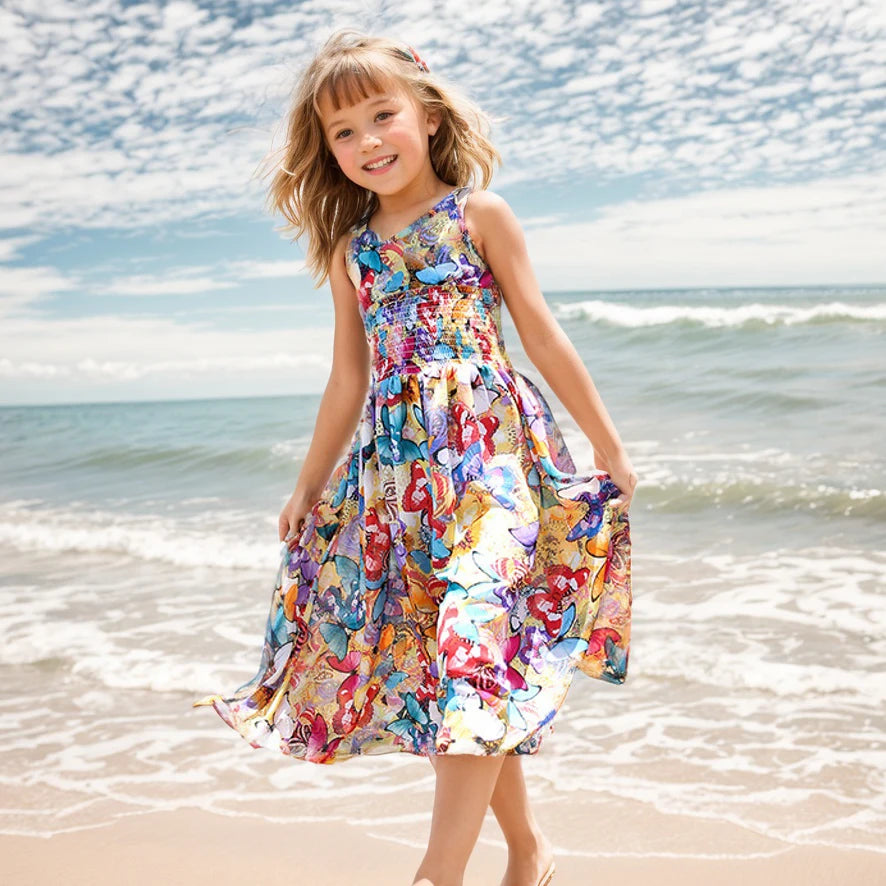 Bohemian Summer Girls Flower Dress Kids Girl Beach Dresses Chiffon Kids Dresses Floral Teenager Girls Clothes 6 8 10 12 14 Year