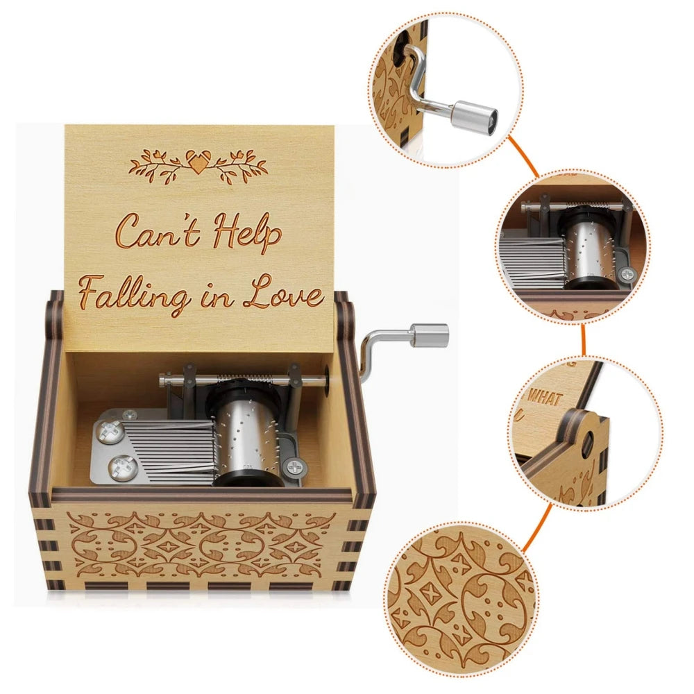Wooden Hand-Cranked Music Box Vintage Engraving Music Box Can't Help Falling in Love Valentines Day Gift Birthday Presents