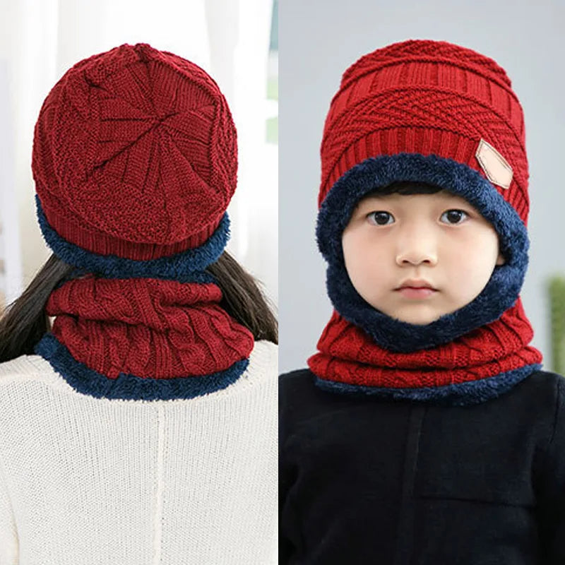 1Pcs Hat Scarf Set Kids Bean Knitted Scarf Cap Children Autumn Winter Fleece Warm Knitted Scarf Hat for Boys Girls