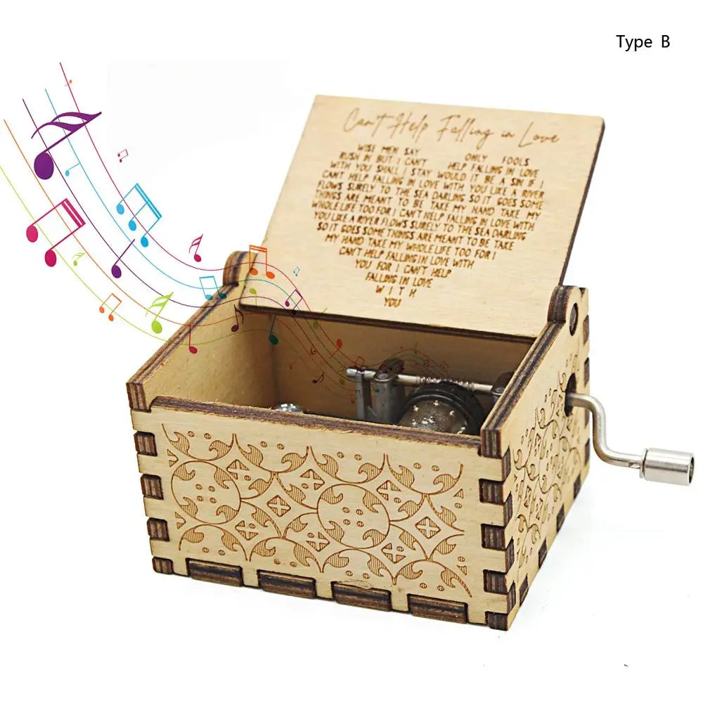 Wooden Hand-Cranked Music Box Vintage Engraving Music Box Can't Help Falling in Love Valentines Day Gift Birthday Presents