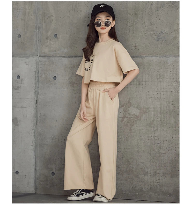 2024 New Spring Summer Teenager Girls Clothing Sets Children Short Tops T Shirt + Pants 2Pcs Kids Tracksuit 5 6 8 10 12 14 Years