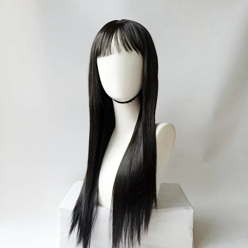 Synthetic fiber wig female long black hair woven full head set fashion long straight hair with bangs high temperature silk