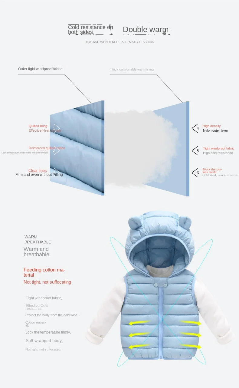 Baby Boys Girl Warm Down Vest Toddler Cotton Waistcoat Children Autumn and Winter Clothes Kids Hooded Jackets 1-6 Years Old