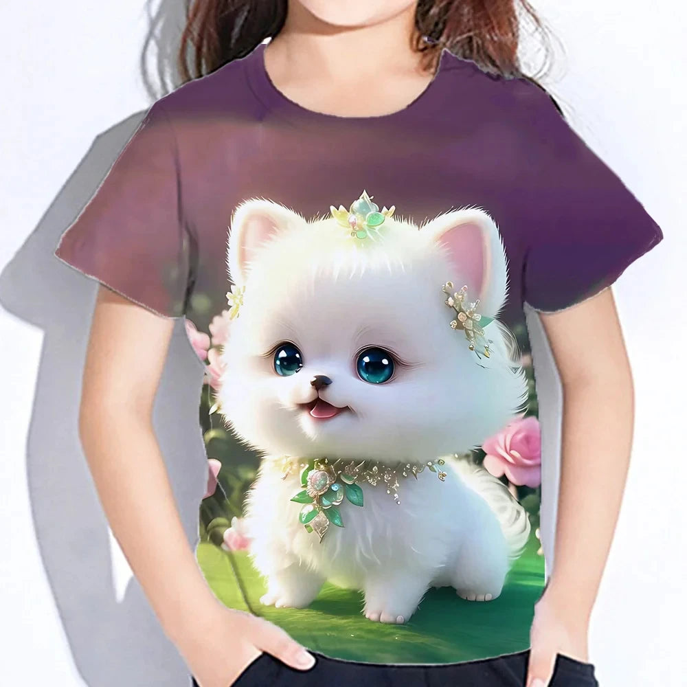T-Shirt for Girl Short Sleeve Cat Graphic T Shirts Polyester Kids Clothes Print Tee Shirt O-Neck Tops Casual Children's Clothing
