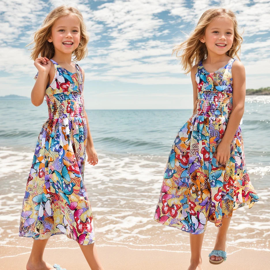 Bohemian Summer Girls Flower Dress Kids Girl Beach Dresses Chiffon Kids Dresses Floral Teenager Girls Clothes 6 8 10 12 14 Year