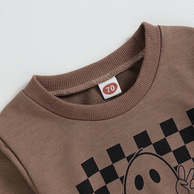 2023-05-25 Lioraitiin 0-3Years Boys 2Pcs Fall Outfits Checkerboard Ghost Print Crew Neck Long Sleeve Sweatshirts Long Pants
