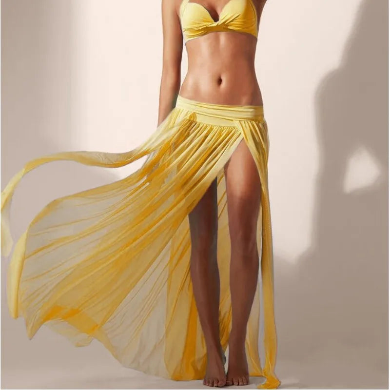 2024 New 5 colors Solid Beach Dress for Women Mesh Bikini Cover Ups Open Side Sarong Swim Dresses Free Size Playa Skirt Sarong