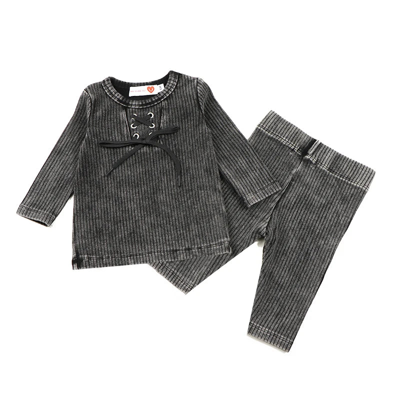 2024 ribbed black washed sets with string winter clothes dress for girls childhood shirts and baby pants black tired dresses