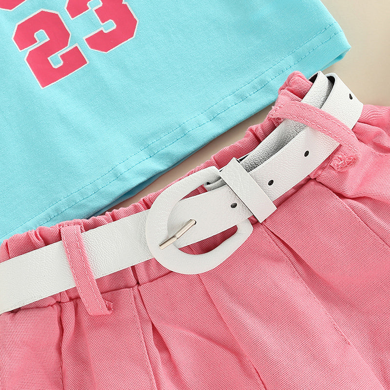FOCUSNORM 1-6Y Fashion Little Girls Kids Clothes Sets 2pcs Letter Patchwork Sleeveless Causal Vest+Solid Pleated Skirts+Belt