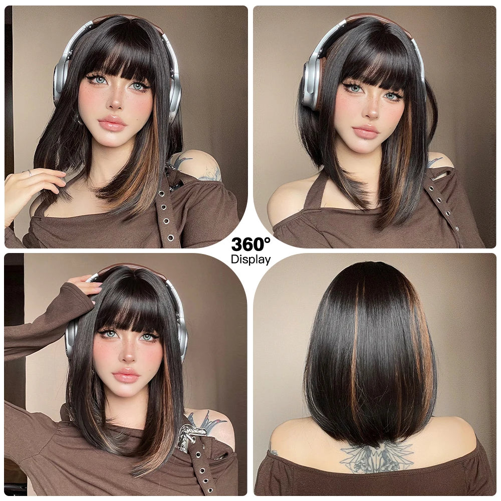 Short Straight Bob Wigs with Bangs Black Brwon Highlight Wig Daily Cosplay Natural Synthetic Hair Wigs for Women Heat Resistant