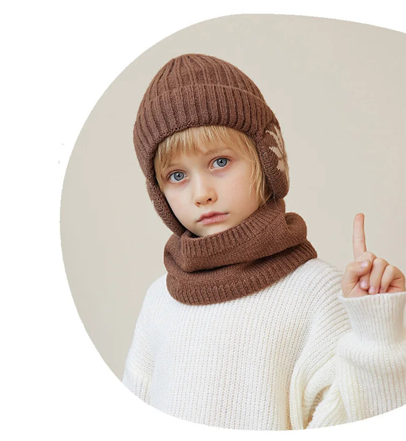 2Pcs Knitted Children Winter Hat Scarf Fleece Lining Ears Protection Kids Beanie Hats Neck Warmer Warm Child Boy Cap 4-10Y