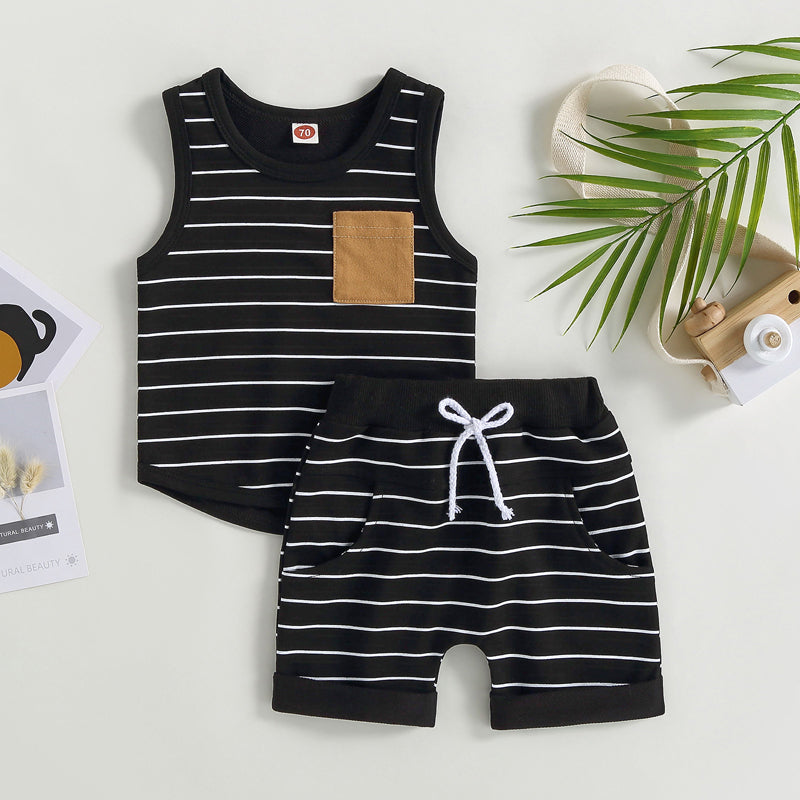 2023-03-01 Lioraitiin 0-4Years Kids Baby Boy 2Pcs Summer Outfits Striped Sleeveless Tank Tops and Stretch Shorts Pocket Set