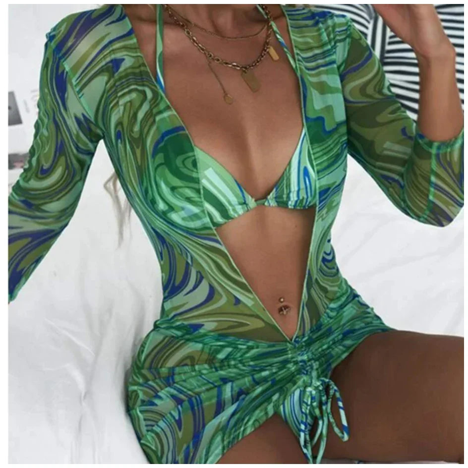 3 Pack Bikini Swimsuit With Shirt Cover Up Sets Women Halter Three Pieces Printed Lace Up Triangle Ruched Mesh Swimwear