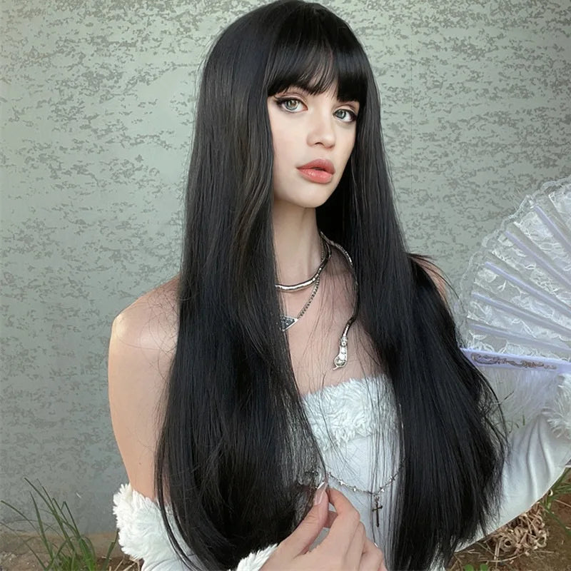 Synthetic fiber wig female long black hair woven full head set fashion long straight hair with bangs high temperature silk