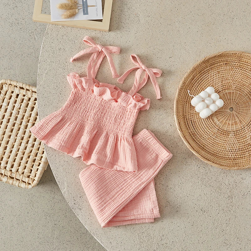 Suefunskry Toddler Girls 2Pcs Outfits Solid Color Sleeveless Camisole and Elastic Pants Set Baby Summer Clothes 6M-3Y