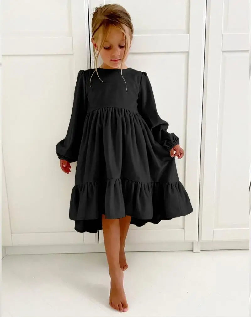 New 7-12 years Girls Spring Autumn Winter Velvet Long Sleeve Ruffle Hem Dress Princess Kids Party Dressess Children Clothing