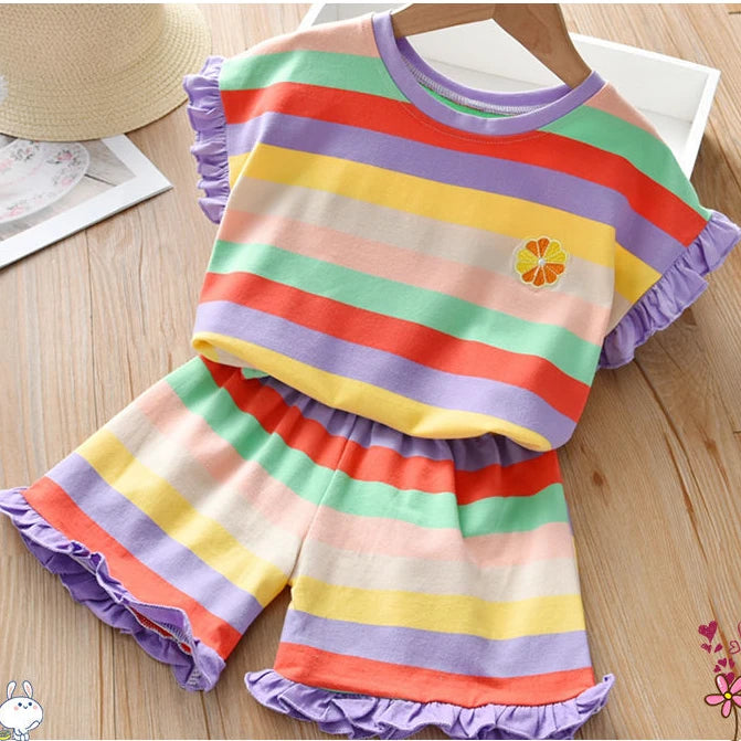 Children's Clothing Sets Floral Embroidery Short Sleeve Lace Top + Striped Printed Shorts 2pcs Sets Kids Clothes for Girls