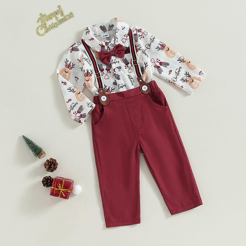 0-24M Baby Boys Formal Suit for Christmas Infant Long Sleeve Santa Print Shirts with Bow-tie + Suspender Pants Gentleman Set